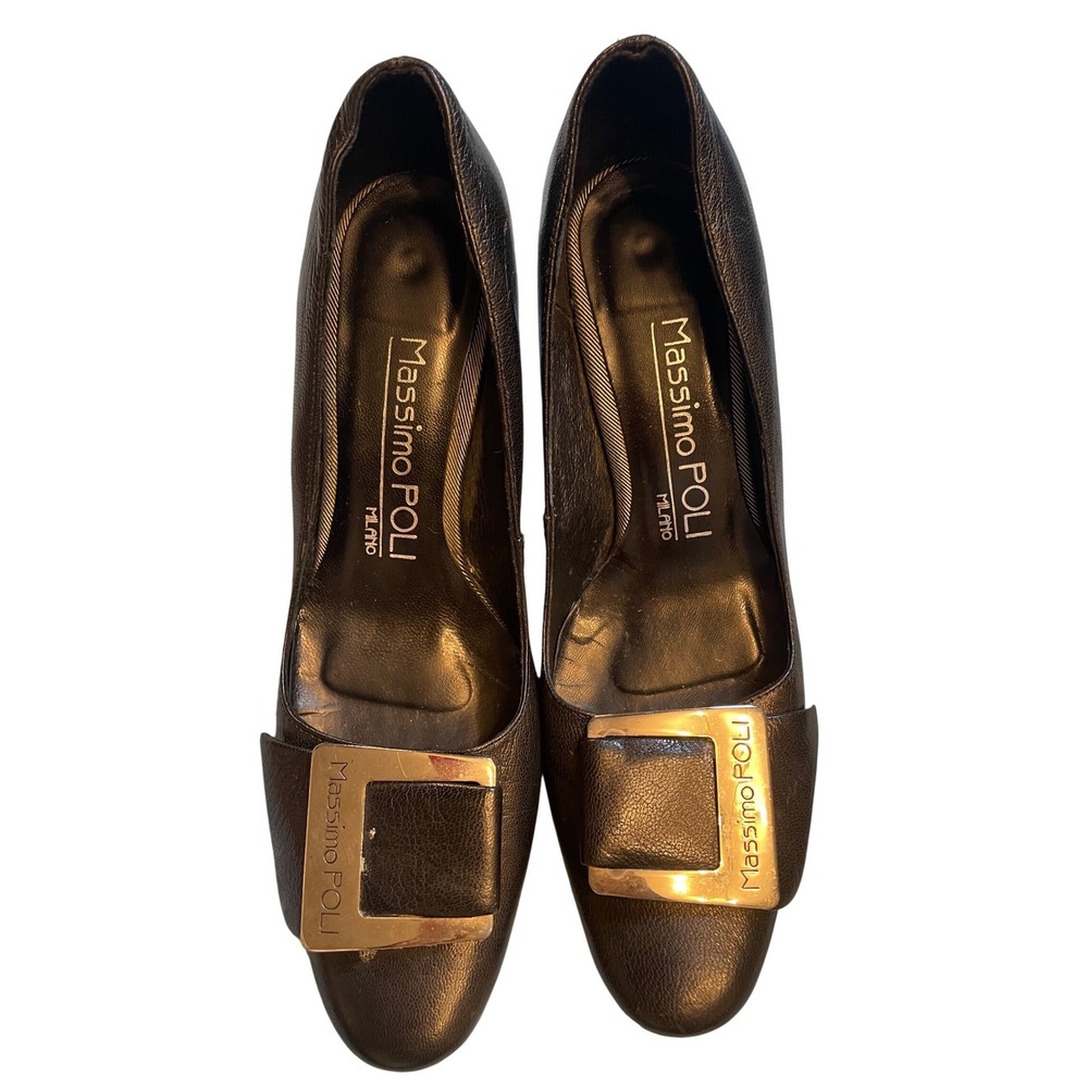 Massimo Poli Milano Leather Pointed Toe Pumps Gold‎ Buckle Women's Size 37 6.5-7